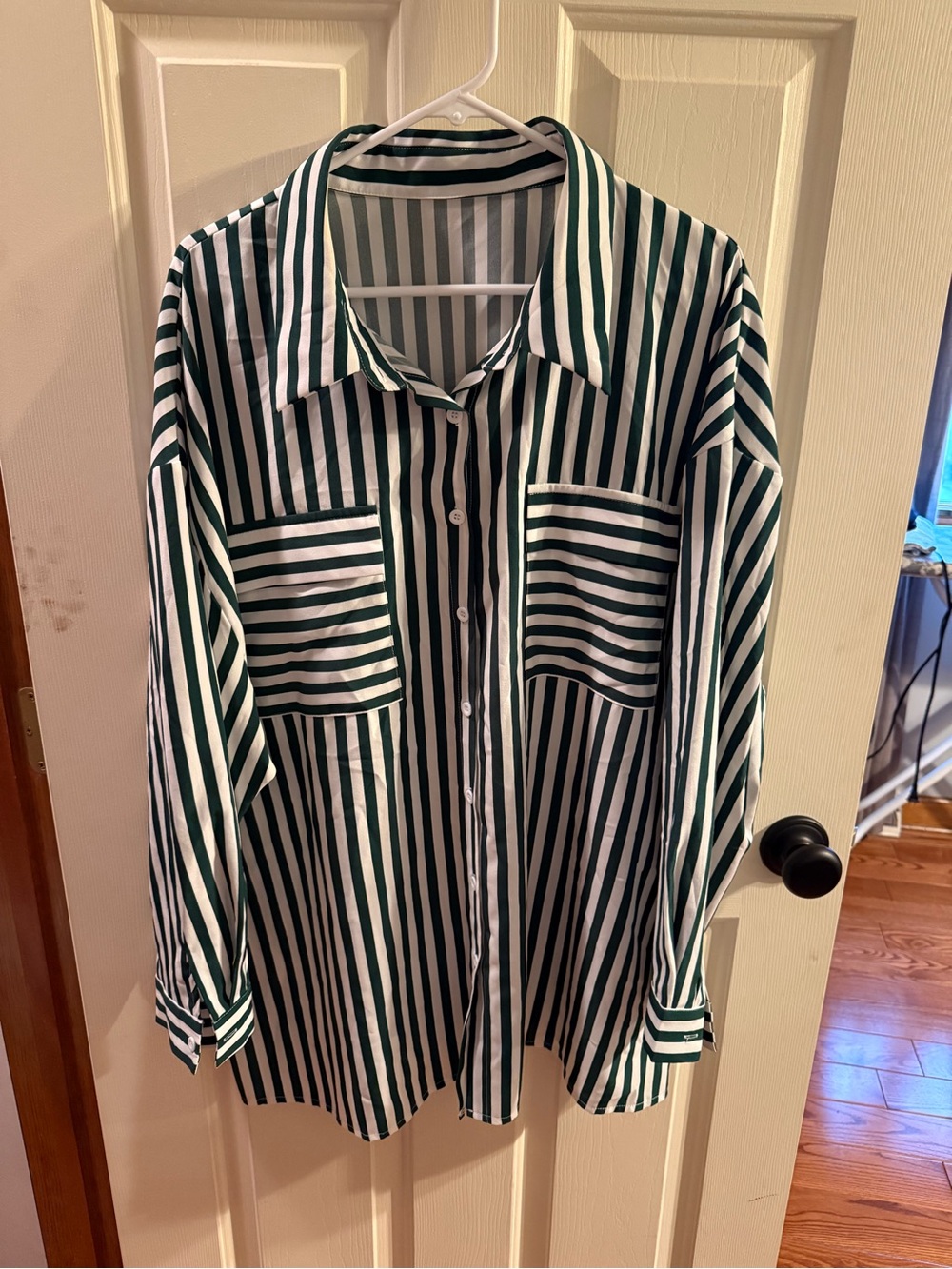 SHEIN Green and White Striped Button-Up Shirt